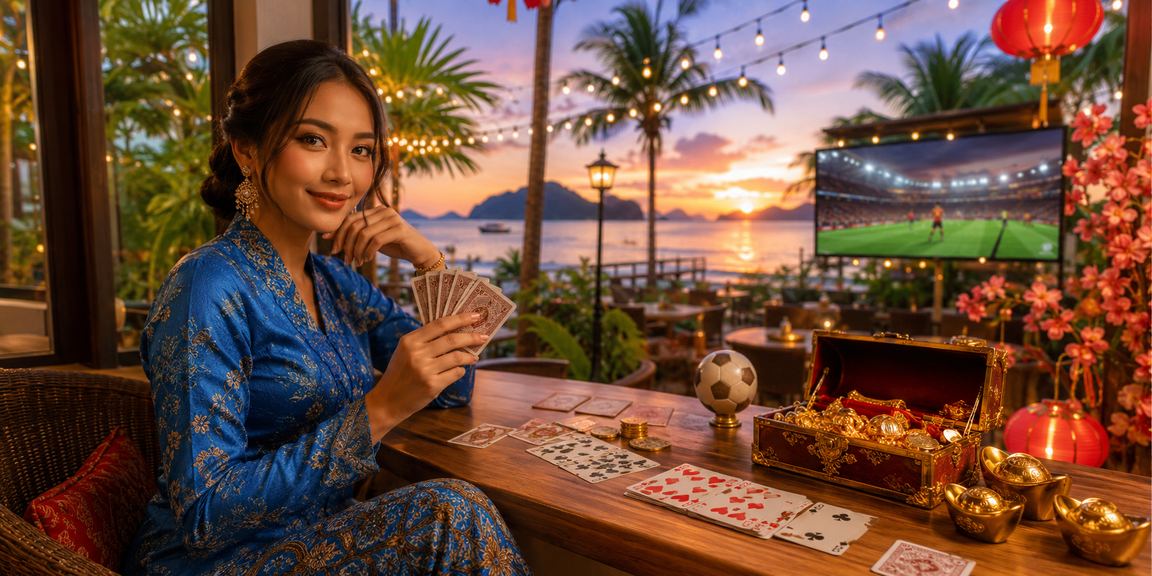 Permainan rummy dalam talian yang dimainkan pengguna wanita berbaju kurung di Langkawi Malaysia